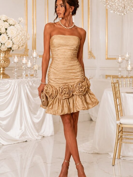 BCBGMaxAzria Dresses & Skirts - BCBG Max Azria Champagne Gold Rosette Strapless Cocktail Dress Sz 2